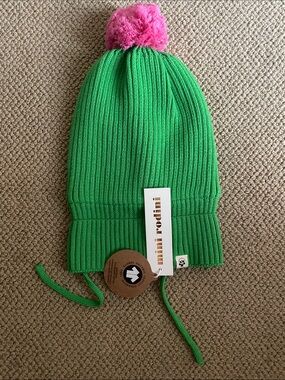 Mini Rodini Green Knit Pom-Pom Hat with Pink Top